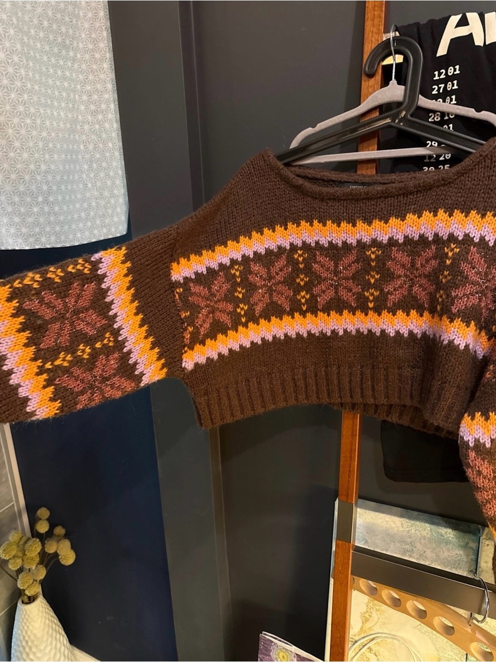 Forever 21 Brown Cropped Crewneck Sweater with Pink & Orange Fair Isle